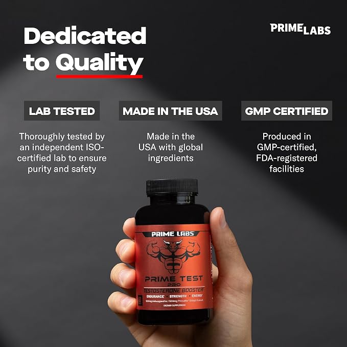 Prime Labs Prime Test Pro - Testosterone Supplement for Men - Test, Vitality, & Energy Booster - with Ashwagandha, PrimaVie Shilajit Extract, & DIM - 60 Capsules