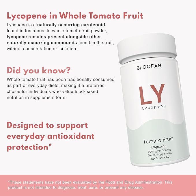 Lycopene Supplement Capsules 500mg – Tomato Fruit Powder with Natural Lycopene for Antioxidant & Daily Wellness Support | Gluten Free, Non-GMO (60 Count (Pack of 1))