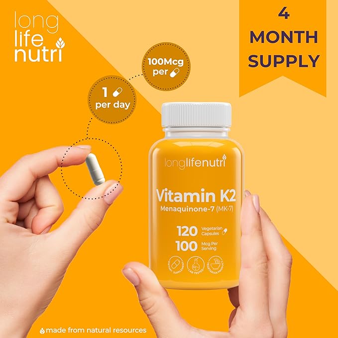 LongLifeNutri Vitamin K2 MK-7 100mcg – Nutrient Support for Bones and Circulation, 120 Vegetarian Capsules, 4-Month Supply, Lab Tested, Made in the USA, Non-GMO