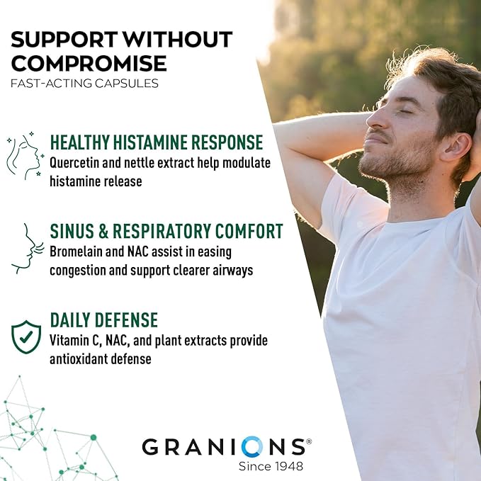 Granions Histamine Balance Complex - Quercetin with Bromelain, NAC and Vitamin C - D-Hist Seasonal Histamine Blocker & Immune Support Supplement for Adults and Children - 60 Vegan Capsules