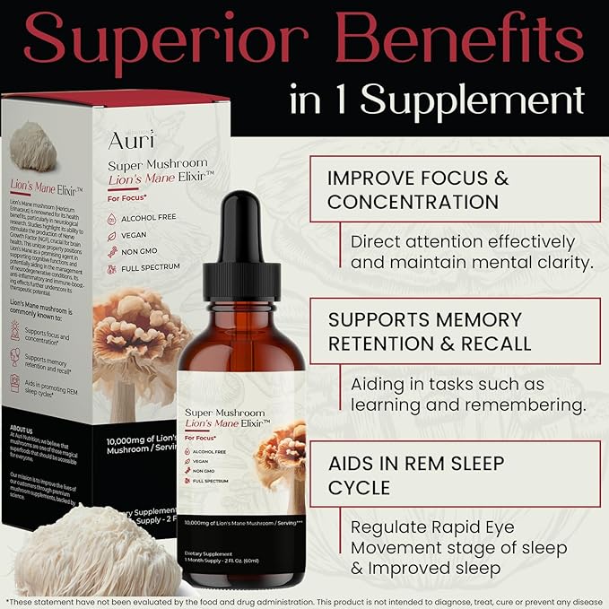 Auri Nutrition Lion’s Mane Liquid Elixir - Brain Supplements for Memory and Focus with Functional Mushrooms - Lions Mane Supplement, Full Spectrum Lion's Mane Extract - No GMO, Vegan Mushroom Tincture
