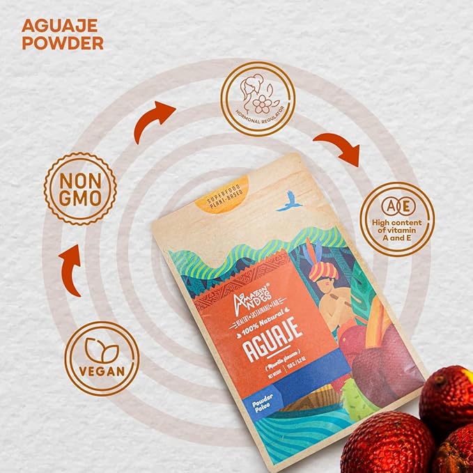 Amazon Andes Aguaje Fruit Powder - Buriti Wild Harvested in Peru - Support Menstrual Disorder - Non-GMO Allegen-Free & Vegan - Halal - Contains Phytoestrogens - 5.2 Ounce (40 Servings)