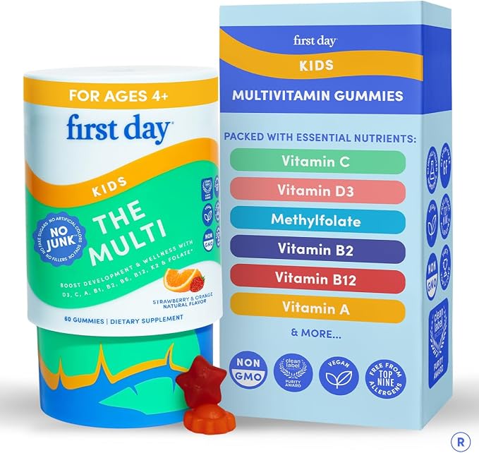 First Day Kids Multivitamin Gummies Age 4+, Strawberry & Orange - Kids Vitamins Multivitamin Gummy A C D3 K2 B1 B2 B6 B12 Folate, Immunity & Brain Function, Vegan - 30 Day Supply, Packaging May Vary