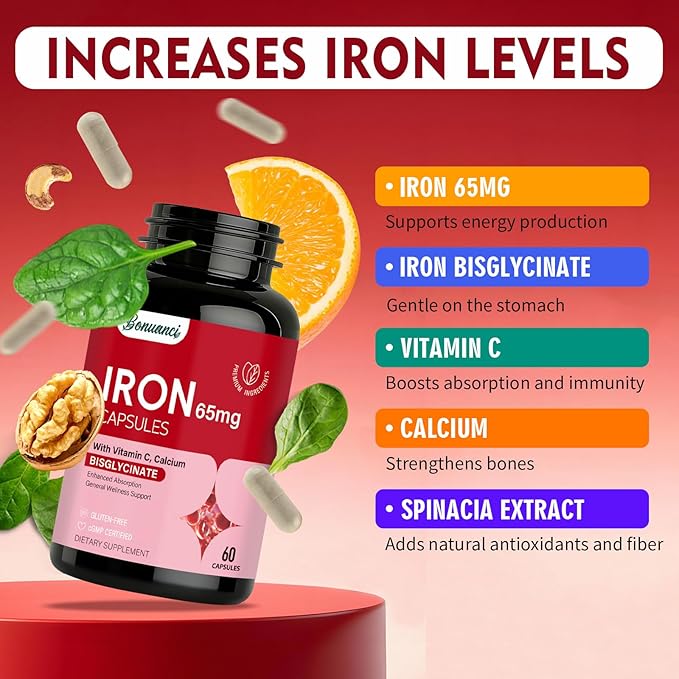 Iron Supplement - Iron 65mg High Absorption Iron Bisglycinate with Vitamin C, Calcium, Gentle Iron Pills for Women Men - Non GMO & Gluten Free, Stomach Friendly, 60 Capsules