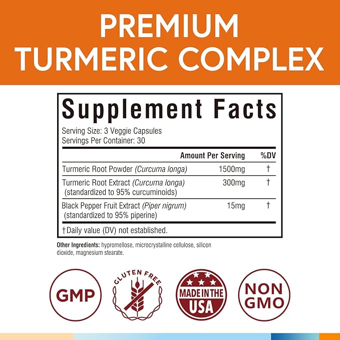 Turmeric Curcumin Supplement 1800mg, with Black Pepper 15mg for Maximum Absorption, 95% Curcuminoids, Mobility & Antioxidant Support, Made in USA, Non-GMO, No Gluten, 90 Vegan Capsules