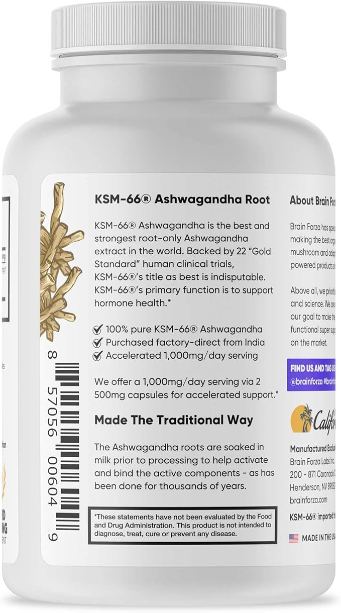 Brain Forza KSM-66 Ashwagandha Organic Pure Root Extract, Strongest 1,000mg Dose, High Potency 5% Withanolides, Hormone Health, Cognitive Support, Organic, Non-GMO, 90 Capsules