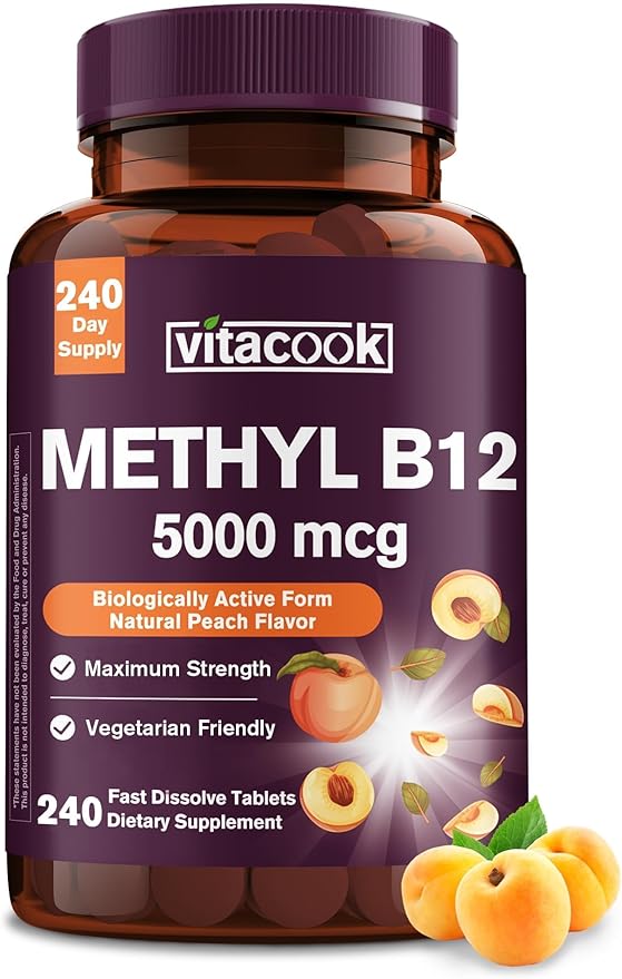 Vitamin B12 Sublingual, Methylcobalamin 5000mcg for Energy Production, Energy, Nerve & Cell Support, Natural Peach Flavor, Vegan, Zero Sugar, 240 Fast Dissolve Tablets