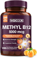 Vitamin B12 Sublingual, Methylcobalamin 5000mcg for Energy Production, Energy, Nerve & Cell Support, Natural Peach Flavor, Vegan, Zero Sugar, 240 Fast Dissolve Tablets
