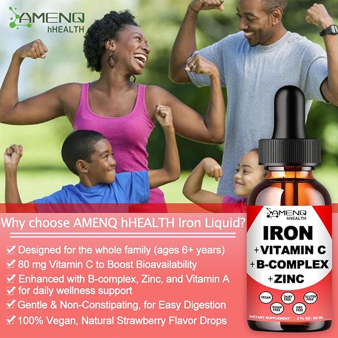 2 Pack Liquid Iron Supplement w/Vitamin C, A, B-Complex, Vegan Iron Drops High Potency Liquid Vitamin & Iron Supplements for Women, Men & Children -Support Red Blood Cell, Energy, Anemia & Fatigue