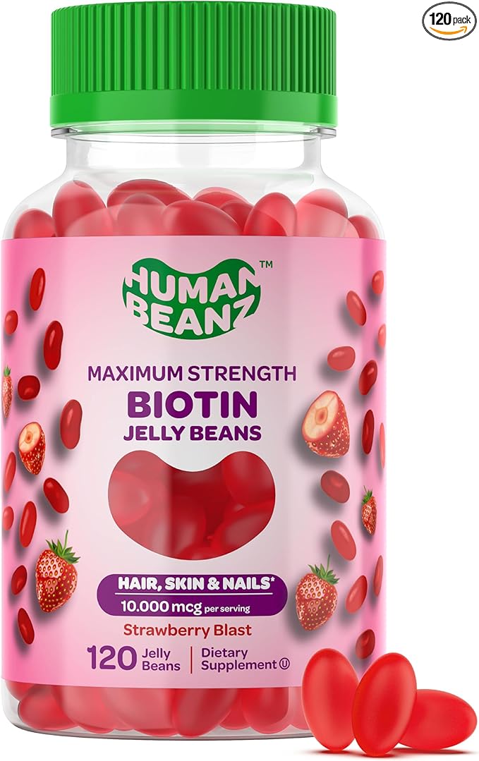 Human Beanz Biotin Jelly Bean Gummy Vitamins, Max Strength Biotin for Hair, Skin and Nails, 10,000mcg per Serving, Hair Growth Vitamins for Men and Women, 120 Strawberry Blast Jelly Beans, Kosher
