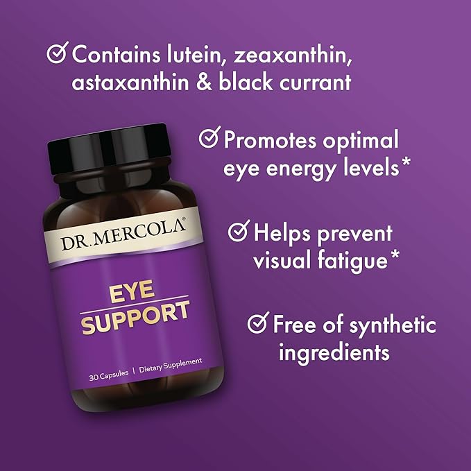 Dr. Mercola Eye Support - Supports Eye & Vision Health - with Lutein, Zeaxanthin, Organic Astaxanthin & Black Currant - Non-GMO, Gluten-Free & Soy Free - 30 Capsules (30 Servings)