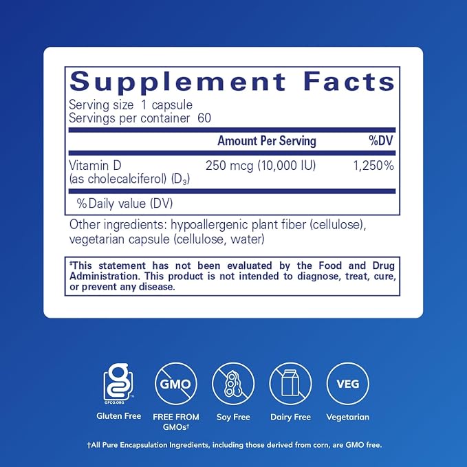 Pure Encapsulations Vitamin D3 250 mcg (10,000 IU) - Supplement to Support Bone, Joint, Breast, Heart, Colon & Immune Health - with Premium Vitamin D - 60 Capsules