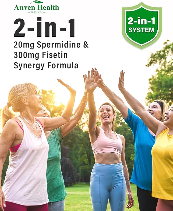 Spermidine & Fisetin Supplement - 20mg of 99% Spermidine Per Serving, 3HCL & 300mg Fisetin for Women Men Cell Renewal, Aging Defense & Longevity, Gluten Free, Non-GMO, Made in USA | 30 Veggie Caps