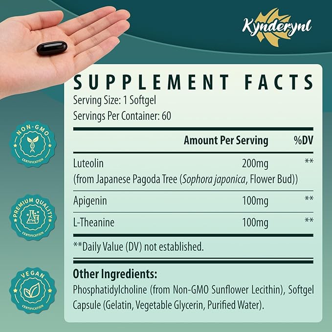 Liposomal Luteolin 200mg – Luteolin Supplement & Brain Supplement for Memory and Focus with Apigenin & L-Theanine – Non-GMO, Gluten-Free, 30 Softgels