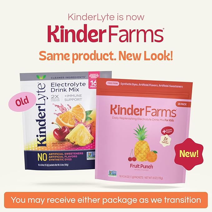 KinderFarms Electrolyte Powder for Kids and Adults - Drink Mix Hydration Packets (Fruit Punch, 16 Count), No Artificial Sweeteners or Flavors, No Synthetic Dyes, Vegan, Non-GMO, Gluten-Free