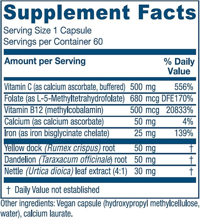 Vitanica Iron Extra, Iron Supplement Enhanced Absorption with Vitamin C 500mg, Methylfolate 400mcg, B12 Vitamin 500mcg, Calcium, Yellow Dock, Dandelion Root & Nettle Leaf Extract, Vegan, 60 Capsules