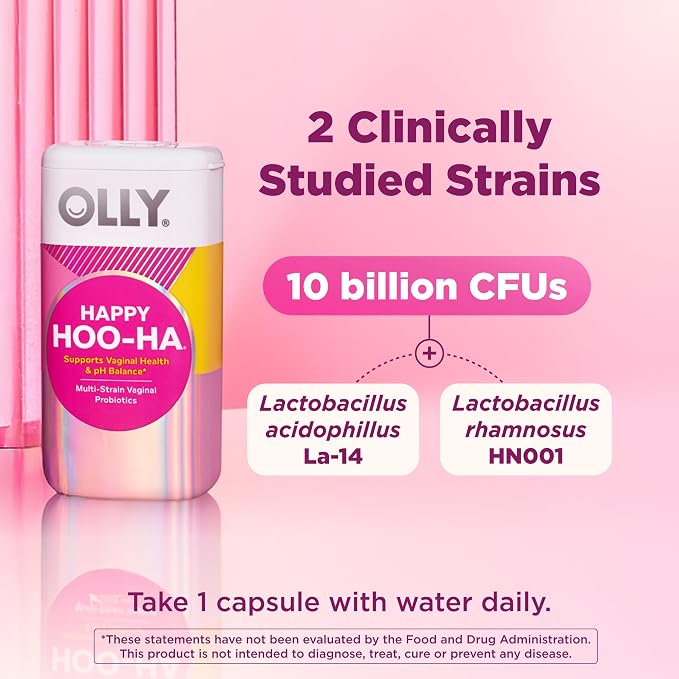OLLY Happy Hoo-Ha Capsules, Probiotics for Women or People wth Vaginas, Vaginal Health and pH Balance,* 10 Billion CFU, Gluten Free - 25 Count
