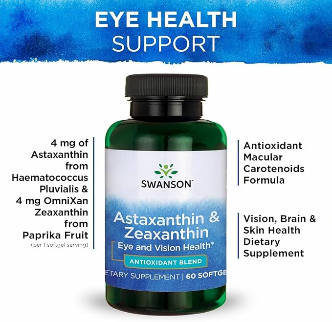 Swanson Astaxanthin & Zeaxanthin Eye Health Supplement for Screen-Heavy Professionals with 4 mg Astaxanthin & 4 mg OmniXan Zeaxanthin (60 Softgels, 2 Pack)