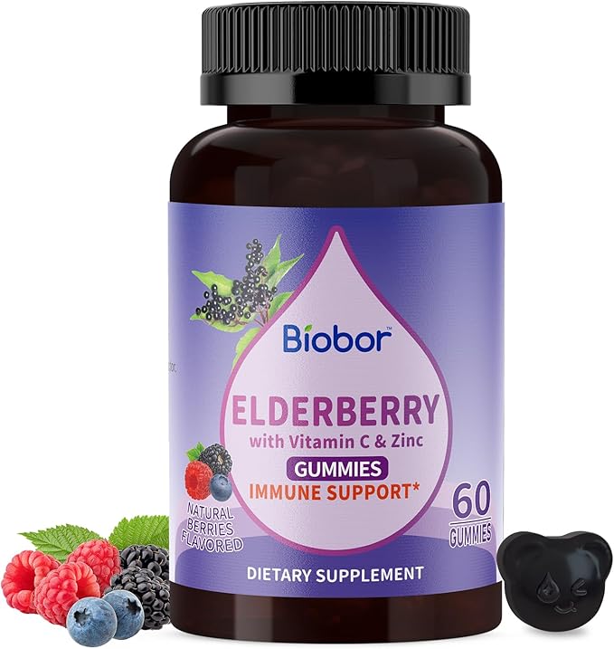 Biobor Natural Black Elderberry Gummies 150mg, Elderberry Fruit Extract with Vitamin C and Zinc, Herbal ElderCraft® Gummies Daily Immune Support for Kids and Adults, 60 Count