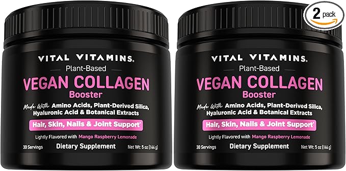 Vital Vitamins Vegan Collagen Booster Powder (2-Pack) - Made with Amino Acids, Silica, Hyaluronic Acid, & Botanical Extracts - Plant-Based - Mango Raspberry Lemonade Flavor - Hair, Skin, Nails