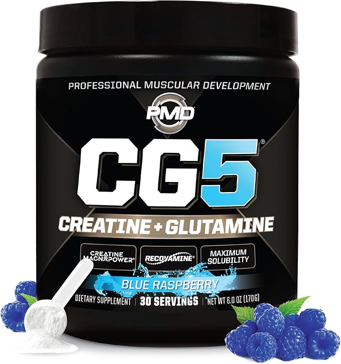PMD Sports CG5 - Premium Creatine & L Glutamine Powder - Maximum Strength Power Recovery, Build Lean Muscle, Increase Workout Performance - Pre Workout & Post Workout - Blue Raspberry (30 Serv)