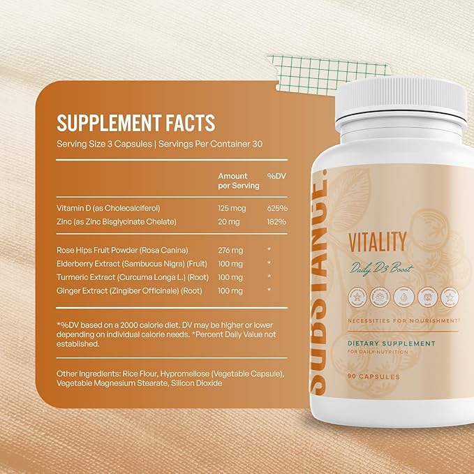 SUBSTANCE. Nature’s Vitality Daily D3 Boost Supplement - Vitamin D3, Zinc, Elderberry, Turmeric & Ginger - Immune Support & Bone Health - 90 Capsules