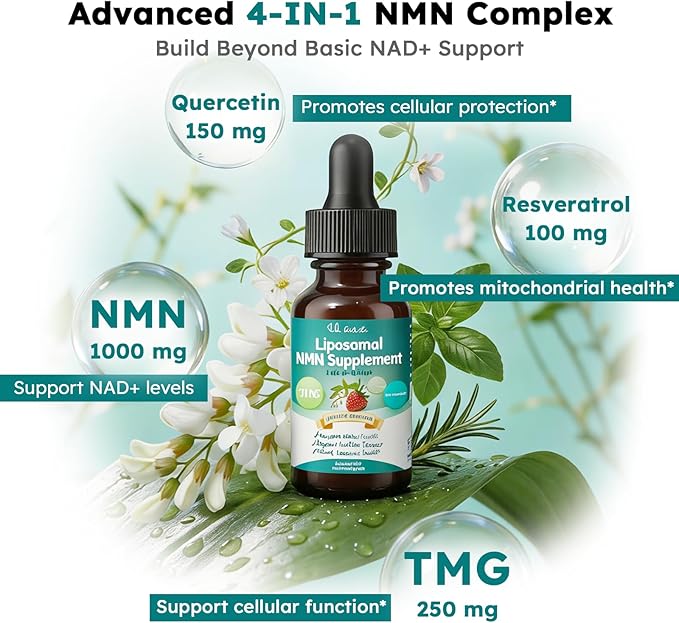 NMN Supplement Liquid Drops,4-in-1 NMN Beta 1000mg w. Quercetin TMG Resveratrol for Anti Aging Energy & Immune Support, NMNH Alternative Liposomal High Absorption for Women Men