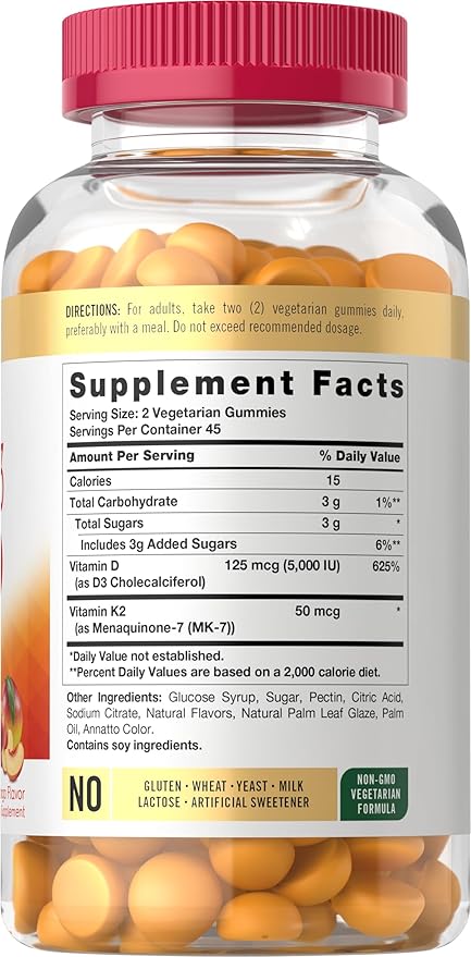 Carlyle Vitamin D3 K2 Gummies | 90 Count | 5,000 IU of D3 + 50 mcg MK7 | Peach Mango Flavor | Vegetarian, Non-GMO, and Gluten Free Supplement
