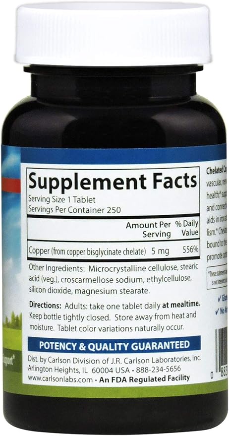 Carlson - Chelated Copper, 5 mg, Superior Absorption, Circulation Health, Nerve Function & Immune Support, 250 Tablets