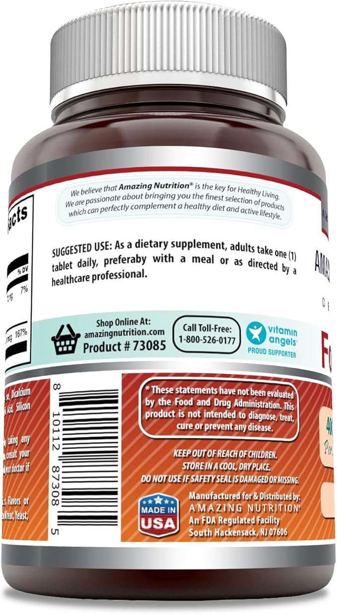 Amazing Formulas Folic Acid (Vitamin B9) 400 mcg | Tablets Supplement | Non-GMO | Gluten Free | Made in USA (1 Pack, 250 Count)
