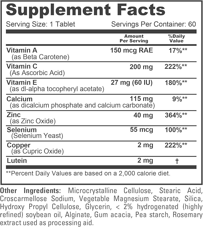 NusaPure Vision Support Nutrients with Vitamin A, C, E, Calcium, Zinc, Selenium, Copper, Lutein 60 Tablets Non-GMO Dietary Supplement