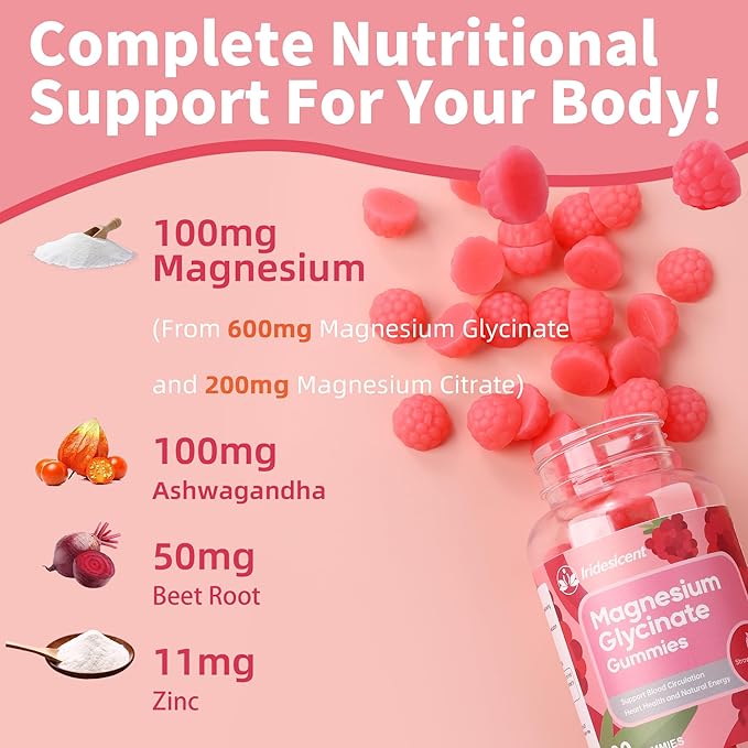 Magnesium Glycinate Gummies, Sugar Free Magnesium Supplement w/Ashwagandha, Zinc, Vegan Magnesium Glycinate Supplement for Adults - 120 Strawberry Gummies