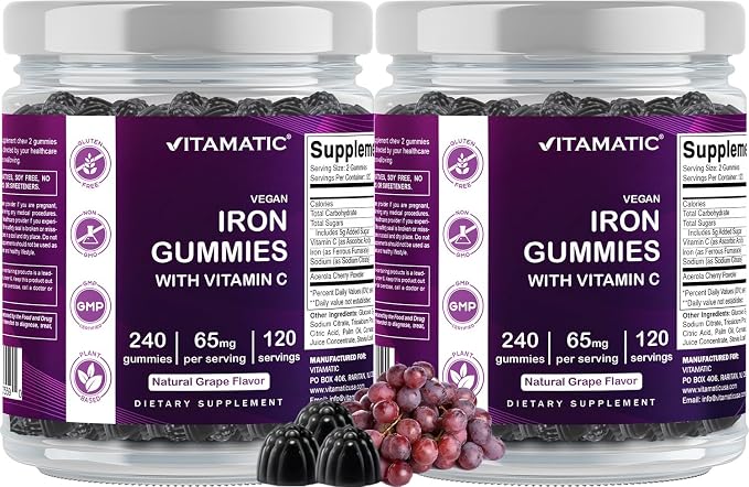 Vitamatic Iron 65 mg Gummies Supplement for Women & Men - 240 Vegan Gummies - Great Tasting Iron Gummy Vitamins with Vitamin C