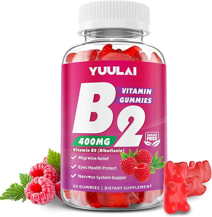 Vitamin B2 Gummies 400mg | Riboflavin Supplement with Magnesium for Kids & Adults, B2 Gummies for Migraine Relief, Nervous System & Skin Health, Vegan, Sugar-Free, Raspberry Flavor, 60 Count