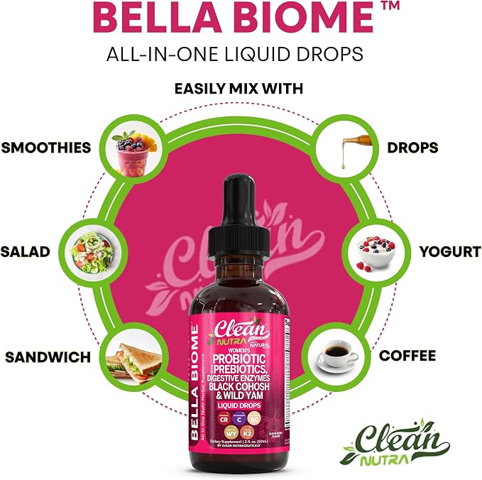 Liquid Probiotics for Women Drops with Chasteberry, Black Cohosh, Prebiotics, Digestive Enzymes, Evening Primrose Oil, Wild Yam, Cranberry Dmannose and Iron Vitamin D3 K2 Clean Nutra Bella Biotics (2)