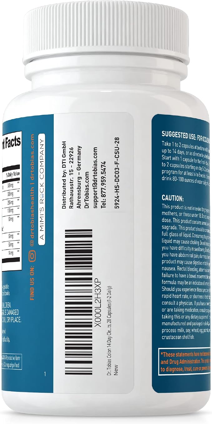 Dr. Tobias Colon Cleanse - Constipation Relief & Gut Health Support for Women & Men | 14 Day Colon Cleanser for a Gentle Colon Detox & Gut Flush - 28 Capsules (1-2 Daily)
