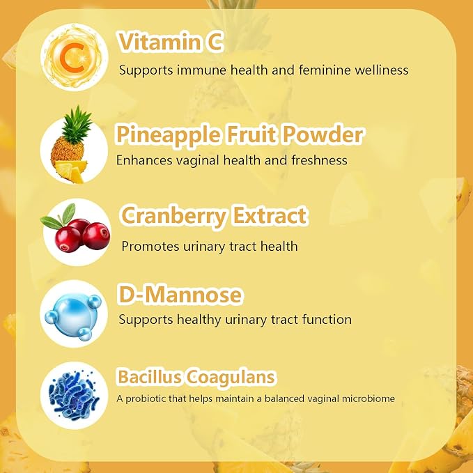 Suiyilary Feminine Probiotics Gummies, Vaginal Health & Women's pH Balance Gummy Supplement with Cranberry Pineapple Powder, Sugar Free Vegan, 60 Count (Pineapple)