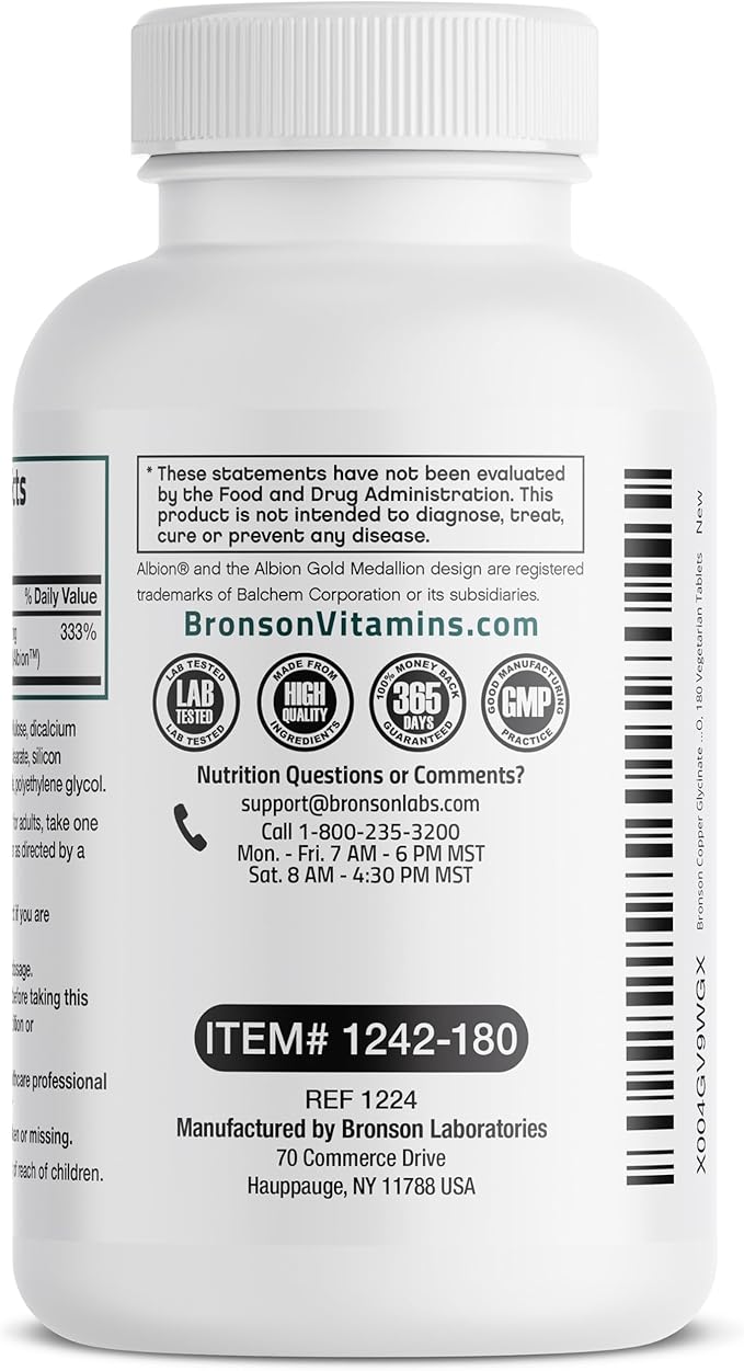 Bronson Copper Glycinate 3mg Chelated Superior Absorption Non-GMO, 180 Vegetarian Tablets