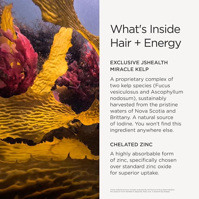 JSHealth Hair Growth Vitamins for Women. Hair + Energy with Kelp Iodine and Zinc. Supports Thickness, Strength, Energy. Nutritionist-Formulated (30 Capsules)