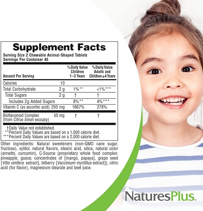 NaturesPlus Animal Parade Vitamin C Children's Chewable - Natural Orange Juice Flavor - 90 Animal-Shaped Tablets - Vegan, Vegetarian, Gluten Free - 45 Servings