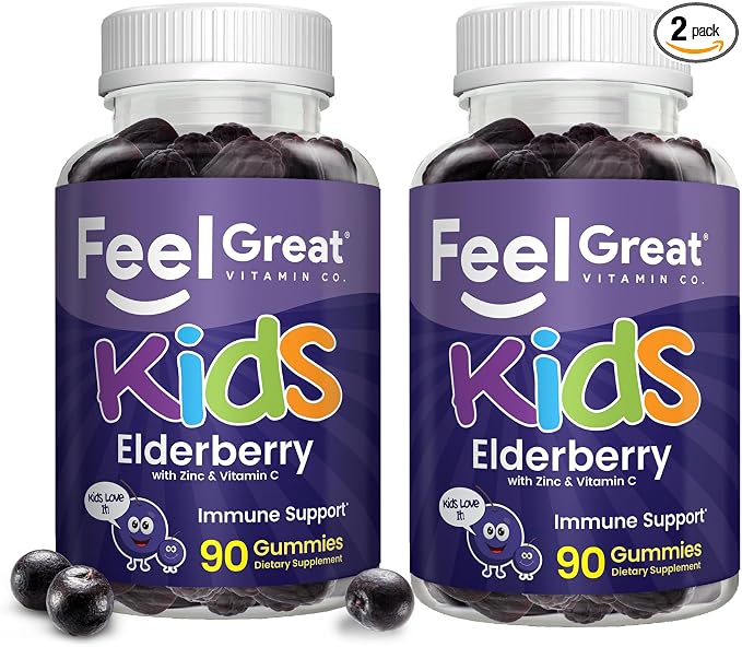 Feel Great Vitamin Co. Elderberry Gummies for Kids | Immune Support | Natural Antioxidant Immune Booster | with Vitamin C and Zinc | Gluten Free & Vegetarian | 90 ct 2 Pack