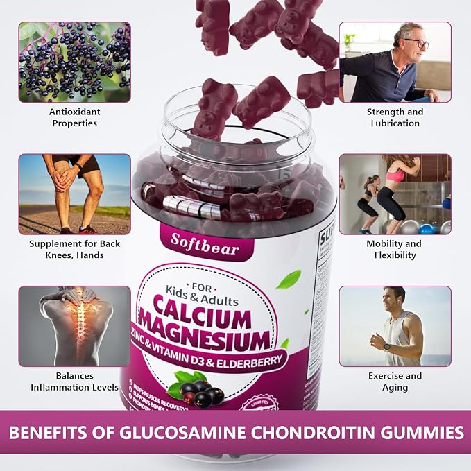 softbear Glucosamine Chondroitin Gummies, Sugar Free Glucosamine Chondroitin MSM Supplement with Elderberry Turmeric Supports Joint Health & Antioxidant, Elderberry Flavored 60 Count