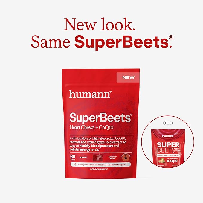 Humann SuperBeets Heart Chews + CoQ10-150mg of CoQ10 Plus Beetroot & Grape Seed Extract, Blood Pressure Support, Support Healthy Blood Flow, Circulation, 120 Count