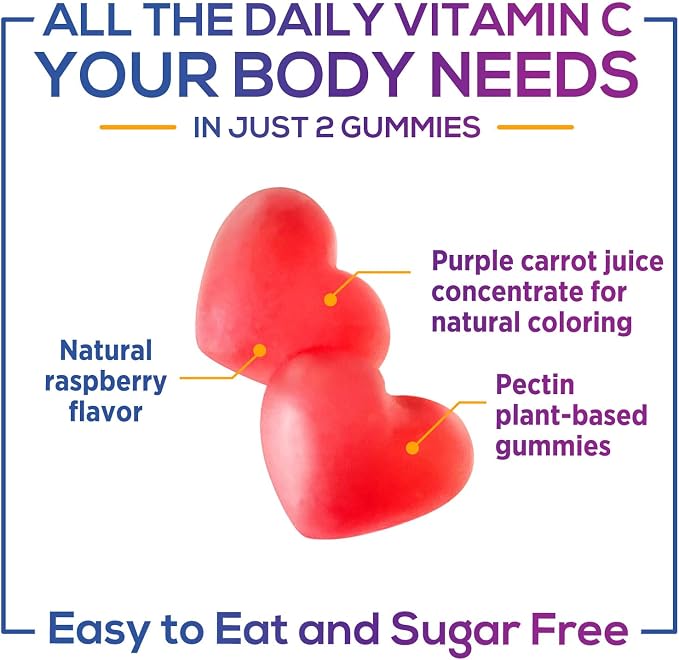 Vitamin C Gummies - 100% of Daily Vitamin C & Sugar Free - Immune Support with Powerful Antioxidants - Nature's Vegan VitaminC Dietary Supplement - Raspberry Flavor for Kids & Adults - 120 Gummies