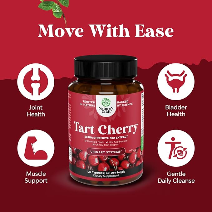 Extra Strength Tart Cherry Capsules - Tart Cherry Extract Capsules for Uric Acid Cleanse for Kidney Support - Fruit Extract Supplement for Urinary Tract Health & Joint Support - 120 Count