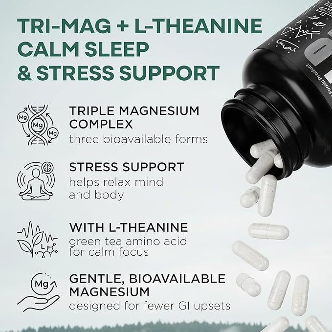 Wild Foods 3 in 1 Magnesium Glycinate L Theanine for Calm Sleep & Muscle Relaxation - Glycinate, Malate, Taurate - 100% Natural Magnesium Complex for Women and Men - 60 Capsules