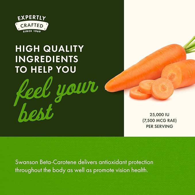 Swanson Beta-Carotene - Vitamin A Supplement Promoting Immune Health, Eye & Skin Health - Natural Wellness Formula - (250 Softgels, 3000mcg Each)