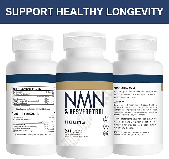 1100mg NMN & Trans-Resveratrol, 3-in-1 Supplement, 60 Veggie Capsules – Supports NAD+ Boost*, Cellular Energy, Immune Function, Muscle Health & Anti-Aging, 30-Day Supply