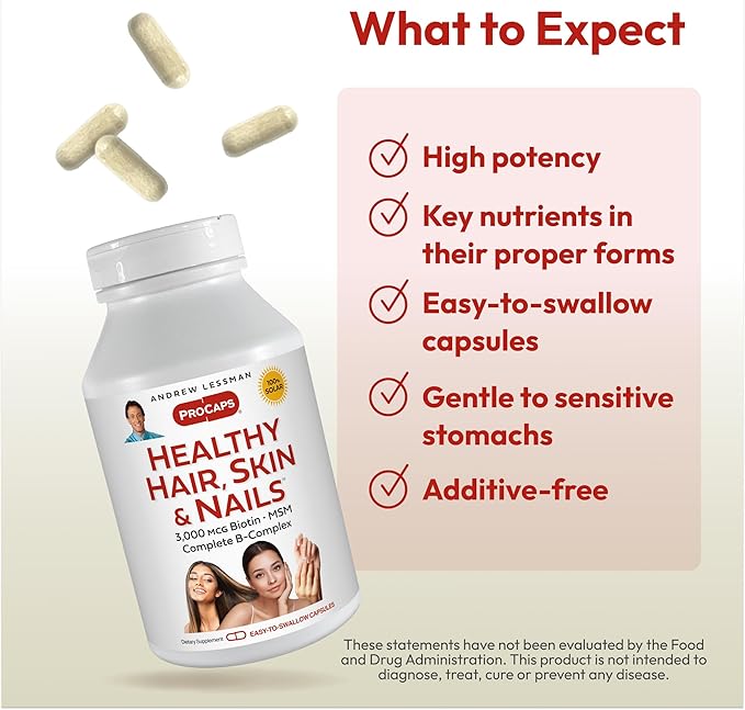 ANDREW LESSMAN Healthy Hair, Skin and Nails 60 Capsules - 3000 mcg High Bioactivity Biotin, B-Complex. Promotes Beautiful Skin, Strong Nails. No Additives Hair Growth Vitamins Biotin Supplement