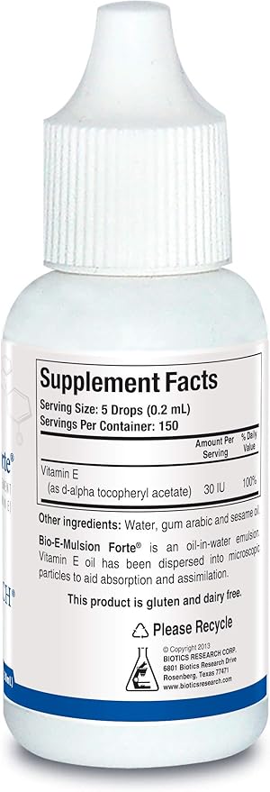Biotics Research Bio E Mulsion Forte 1 Fluid Ounces, 30 ml Vitamin E 30 IU / 5 Drops, Emulsified, Supports Cell Function, Potent Antioxidant Supports Immune Function, Heart Health, 1 Fluid Ounces
